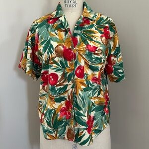 VTG 90s Cherry Fruit Top Rayon Blend Button-up Short-sleeved Sz M